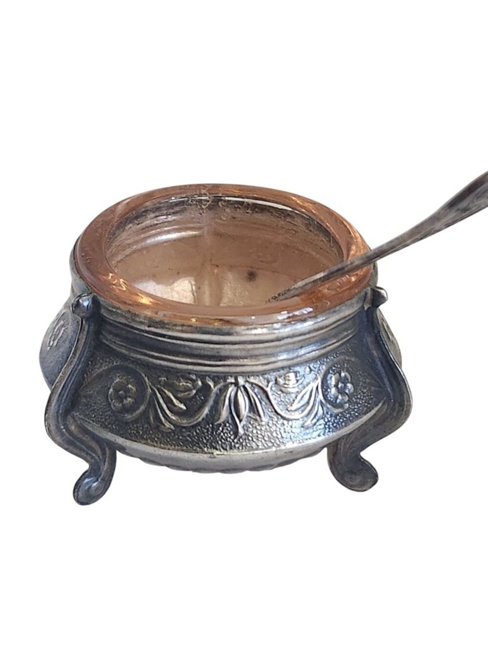 Vintage Salt Cellar, Caviar server with spoon and peach colored glass insert bow
